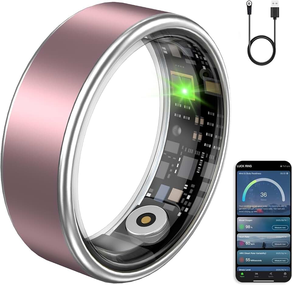 Smart Ring for Women & Men, Fitness Tracker Ring with Heart Rate Monitor, Sleep Tracking, No Subscription Fee, 10ATM Waterproof Activity Ring for iPhone & Android (Pink, 7)