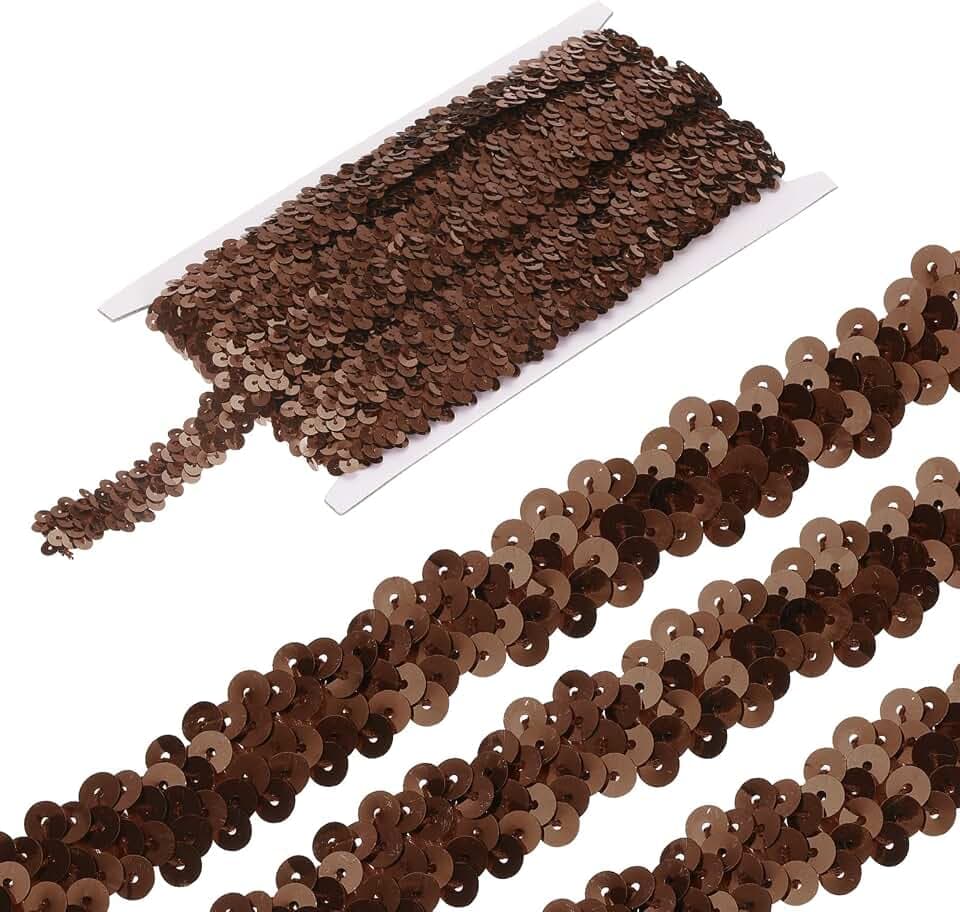 sourcing map 4,5 m elastische Pailletten-Bordüre, 2-reihig, flach, Pailletten-Streifen, Pailletten-Stoffband für Handwerk, DIY, Fransen, Nähen, Kostüm, Kleid, Braun