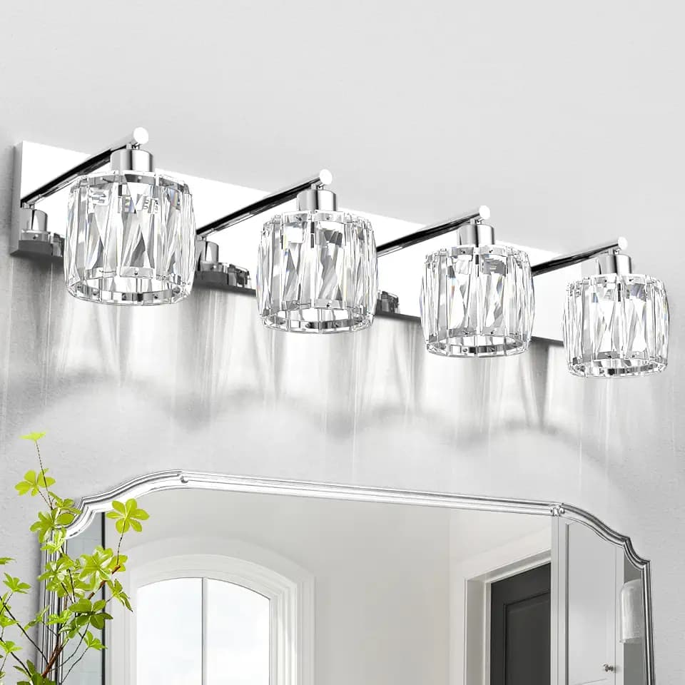 VOLISUN Crystal Vanity Lights for Bathroom, 4 Light Modern Stainless Steel Bathroom Light Fixtures Over Mirror, Chrome Bathrooms Lights Fixtures - UL Certificated (Exclude Bulb)