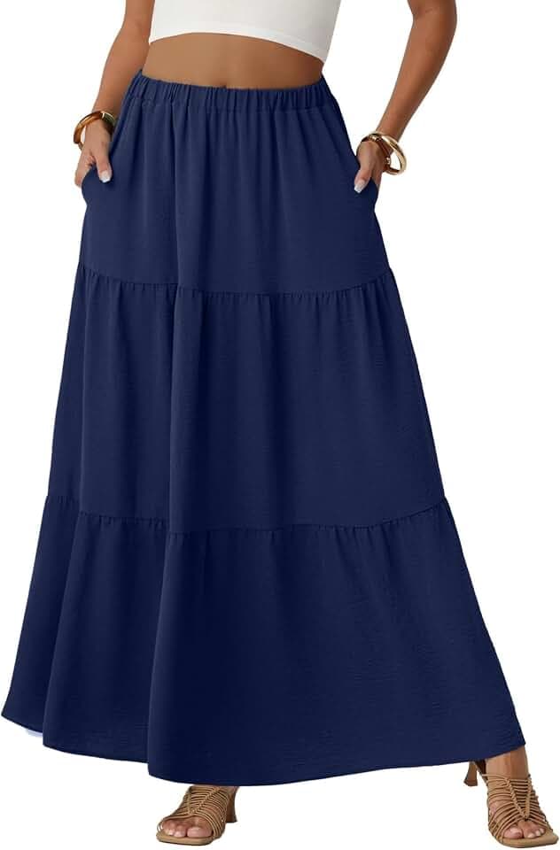 QIXING Damen Maxirock Sommer Boho Blumen Muster Hohe Taille Langer Fließender Rock mit Taschen Stufenrock Elastischer Taille