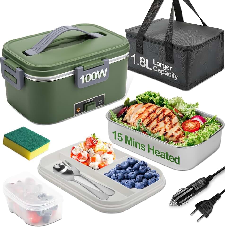 Elektrische Lunchbox 100W, 3-In-1 tragbare beheizte Lunchbox, 1,8L Edelstahl Entnehmbare brotdose, 12V/24V/220V Insulated Wärmebox Auto/Lkw/Bür (Grün, 1.8 L)