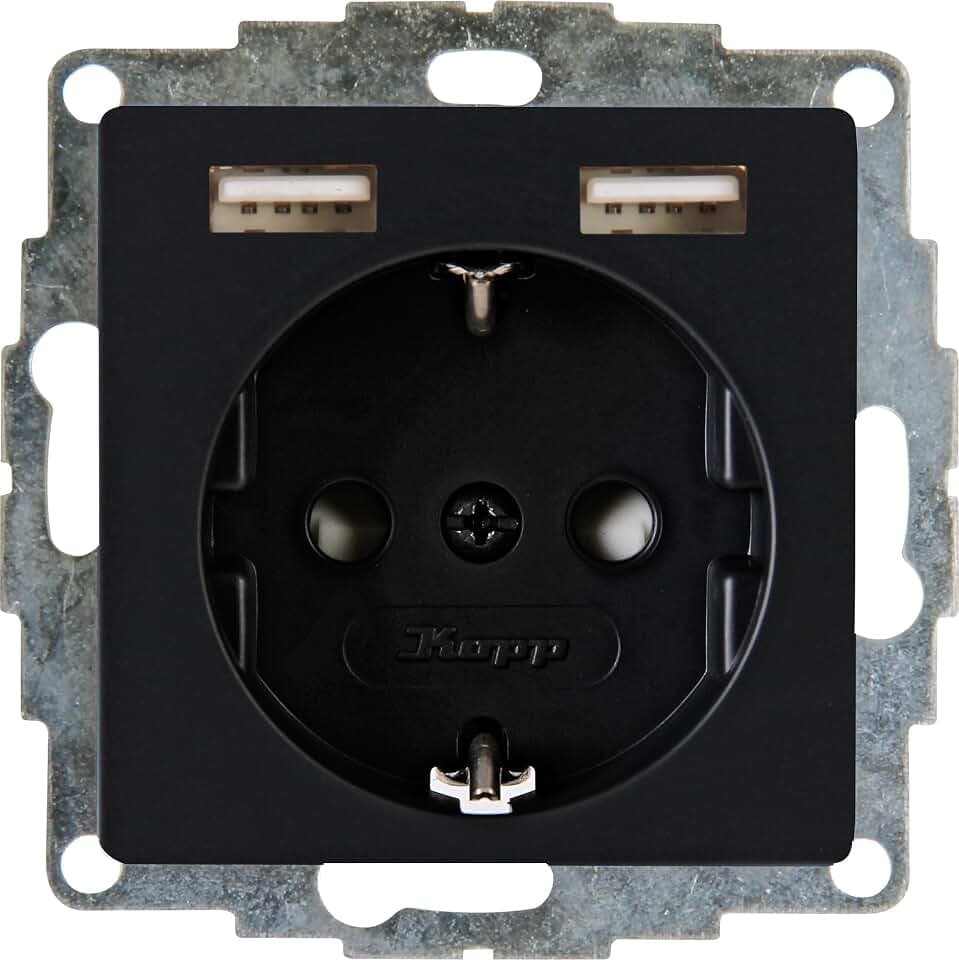 Kopp Athenis Schutzkontakt-Steckdose, 1-fach mit 2 x USB Ladebuchsen, 16A, 250V~, Ausgangsstrom der Ladebuchsen max. 2400mA/5V, IP20, schwarz, matte Oberfläche, 296250082