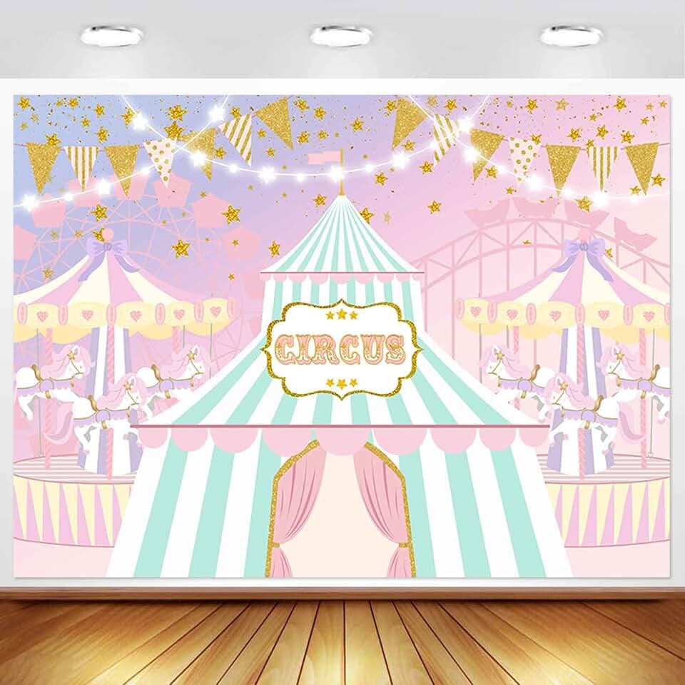 Pink Circus Backdrop for Girl Pastel Carnival Carousel Birthday Party Decorations Big Top Tent Ferris Wheel Photography Background Sweet Baby Shower Cake Table Banner Photo Booth Props 7x5ft