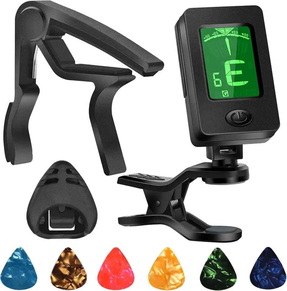 Guitar Tuner, Guitar Accessories with Picks, Capo, Guitar Capo for Acoustic Guitar, Bass, Buzzing-Free, Quick Release, Tuner Clip on for Guitar, Violin, Bass, Ukulele Chromatic