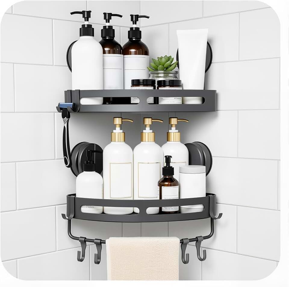 Duschablage Ecke, Eckregal Ohne Bohren Mit Saugnapf, Badezimmer Duschablage Schwarz Mit Handtuchstange & Haken
