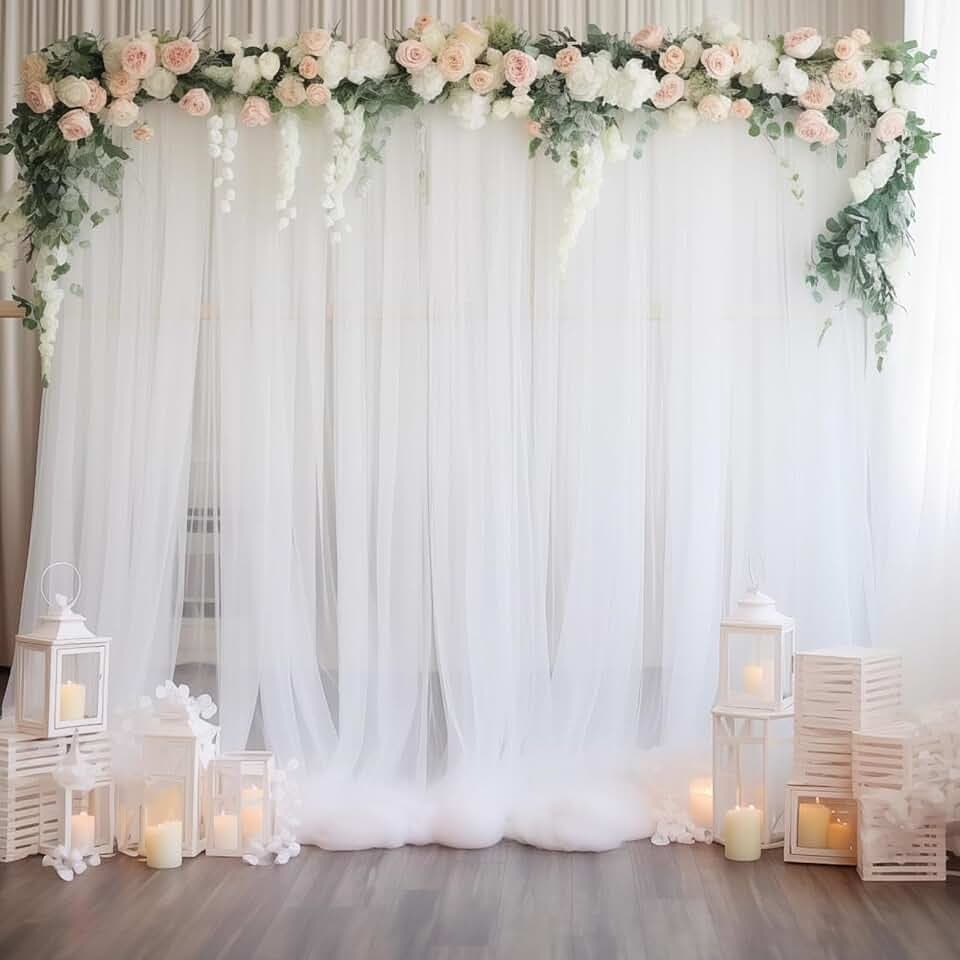 Solivive Hochzeitsbogen Gazenetz,160x800cm Voile Gardinen Vorhänge, Tüll Hochzeits Hintergrund Vorhang für Hochzeitsdekoration Fotografie Party Hochzeit Torbogen Zeremonie Stuhl Dekoration (Weiß)