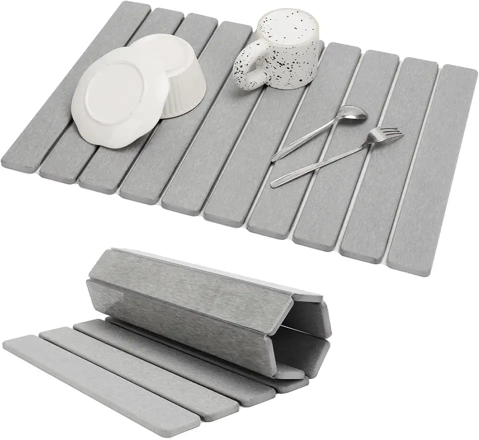 Abtropfmatte Geschirr, Kieselgur Quick Dry Stone Mat für Küche 60x40cm, Faltbare Stein Dish Drying Matte für Spüle (Hellgrau, 60x40cm)