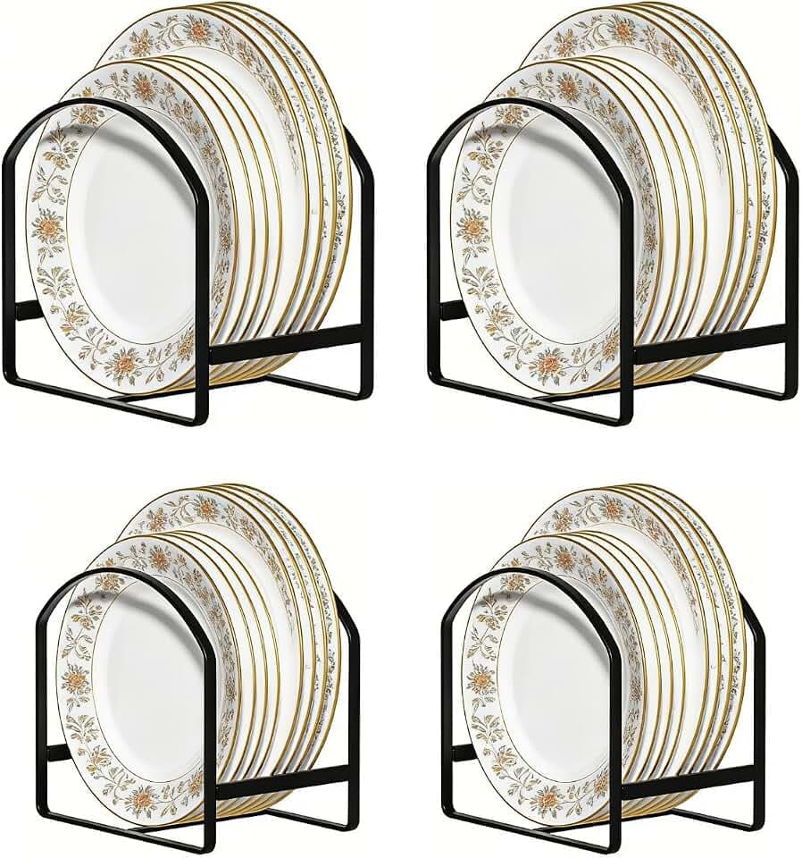 4 Pack Kitchen Plate Holder Organizer for Cabinet Space Saver Dinner Dish Plate Storage Rack Upright Dish Drying Racks Metal Dish Racks Stand for Cupboard and Countertop 2 Large 2 Small Black