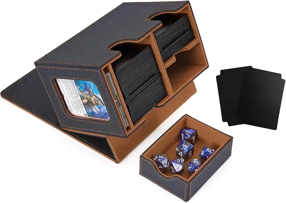 Venssu Storage Box, Commander Deck Box with Dice Tray, Fits 200 Single Sleeved Cards, 2 Dividers, Magnetic Closure, PU Leather, Black & Brown