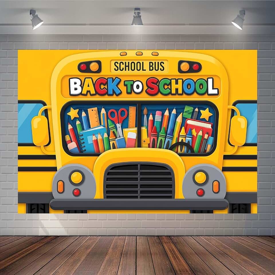 7x5Ft Back to School Backdrop Yellow Bus Photo Background Banner