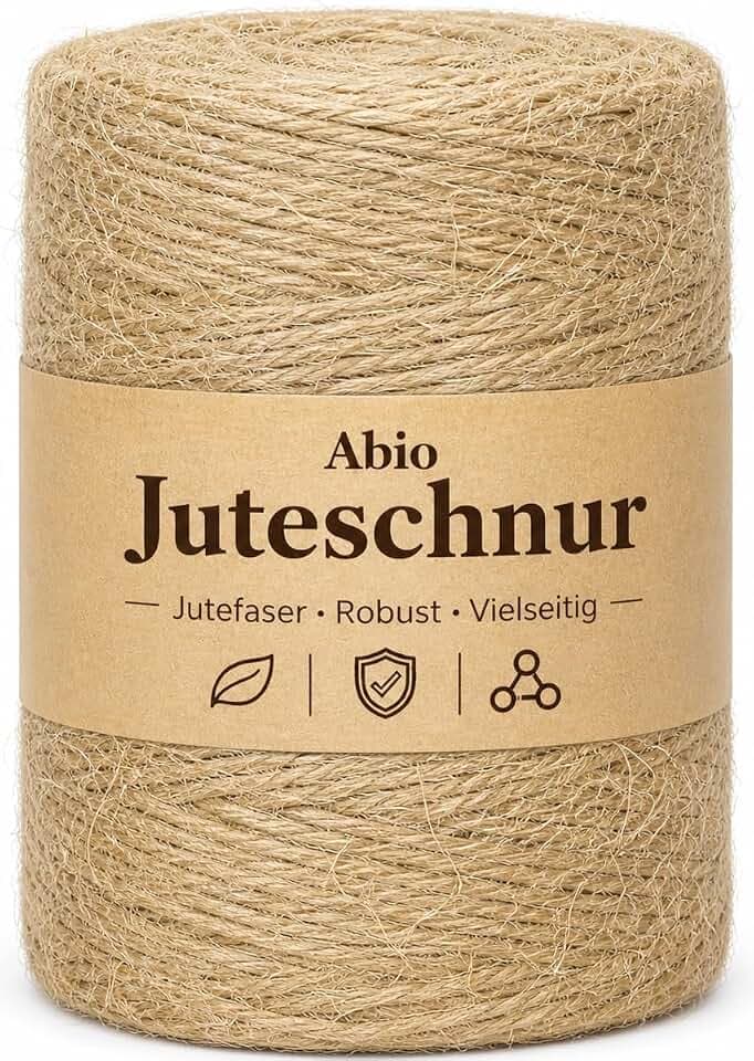 Abio Jute-Schnur 2-3mm 500m Jutegarn Schnur reissfest 100% Natur Jute Kordel Deko Paketschnur Naturfaser Dekoration Verpackung Bindegarn Hanfschnur Spagat Hanfband Juteband Floristik