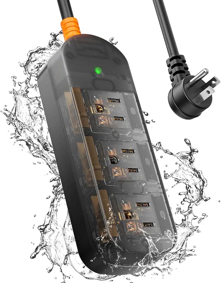 EIGSO Outdoor Power Strip Weatherproof, IPX6 Grade Waterproof Surge Protector with 3 AC Outlets, 5FT Heavy Duty Extension Cord for Indoor Outdoor, Crystal Black