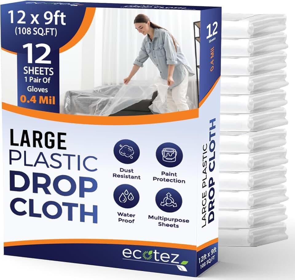 12 Pack 12 x 9 ft Extra Large Plastic Drop Cloth for Painting