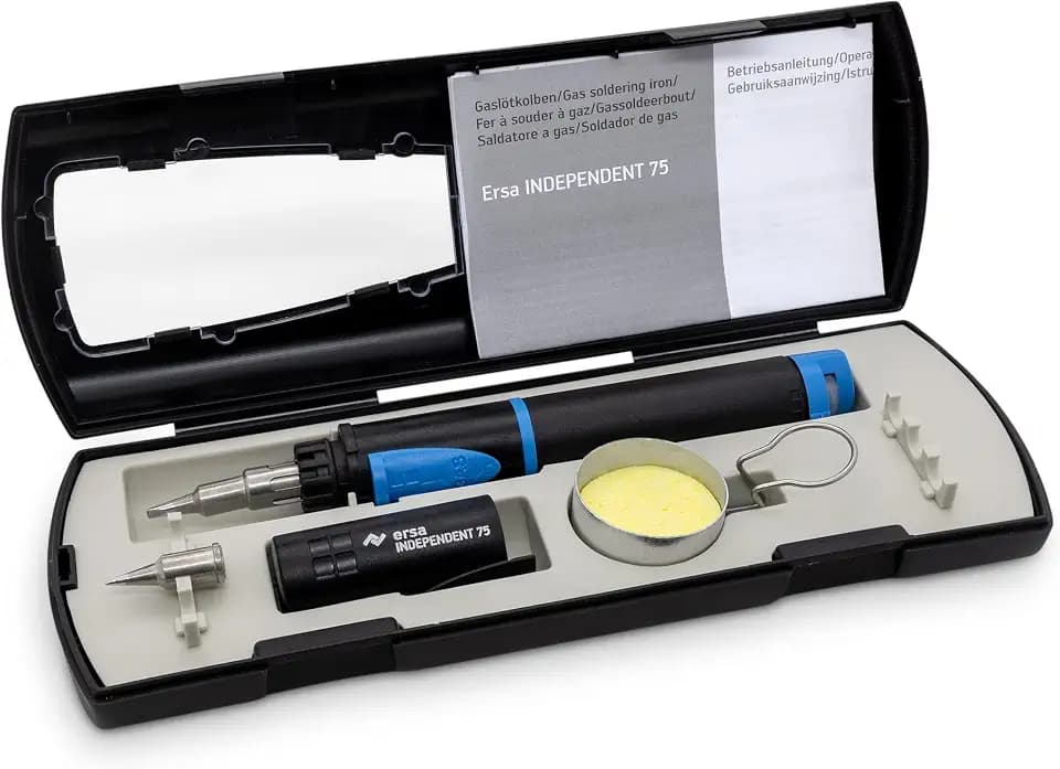 ERSA Independent 75 BASIC-Set Gaslötkolben 75W Temperatur bis 580 °C inkl. 2 Lötspitzen Transportbox Ablagebügel und Reinigungsschwamm - mobile Lötkolben Power - wo immer Sie wollen, ohne Strom