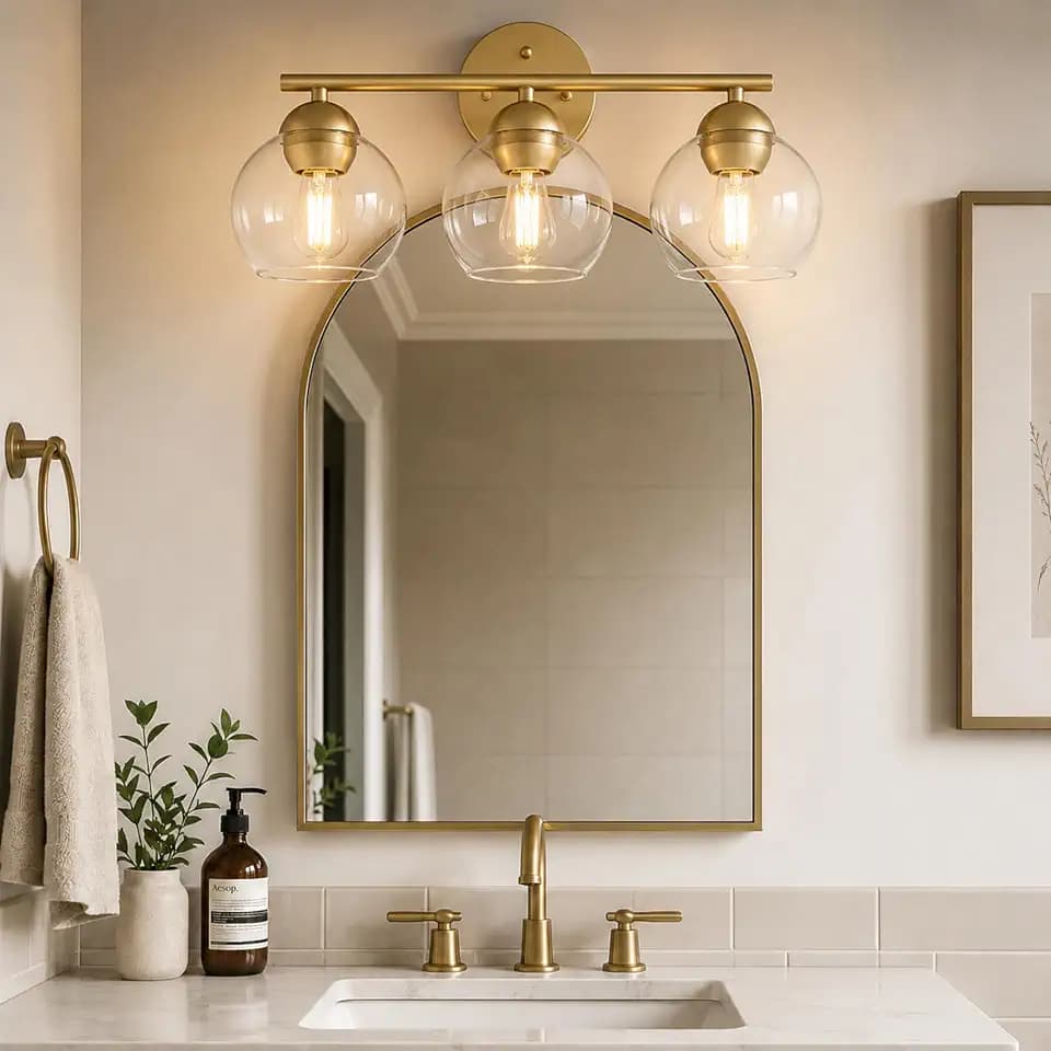Emak 3-Light Gold Bathroom Light Fixtures Over Mirror, Globe Clear Glass Bathroom Vanity Lights, VL114-GDL-3