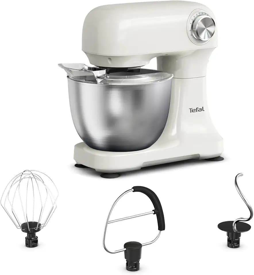 Tefal Bake Easy, Küchenmaschine, kompakt, einfache Bedienung, 12 Geschwindigkeiten, Pulsfunktion, 3,5-Liter-Schüssel, inkl. Schneebesen, Rührbesen, Knethaken, 500 Watt, Weiß, QB140AF0
