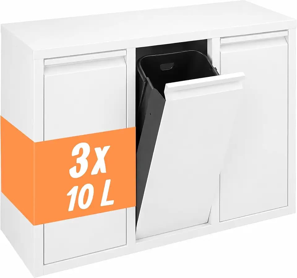 Relaxdays Mülleimer für die Küche, 3 Fächer, 3x10 l, Kippsystem, weiß