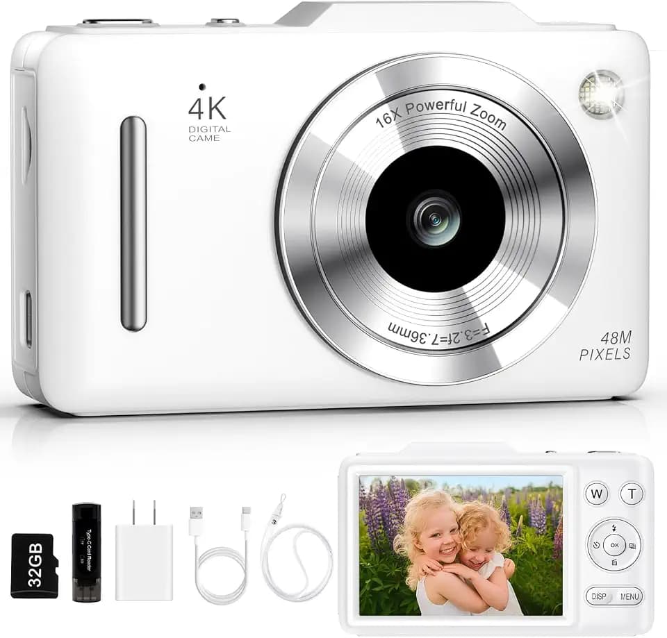 Digital Camera 4K Autofocus Vlogging Camera for Photography with 16X Zoom Anti Shake, 32GB Card, 48MP Compact Portable Point and Shoot Camera Gift for Kids Boys Girls Beginner（White）