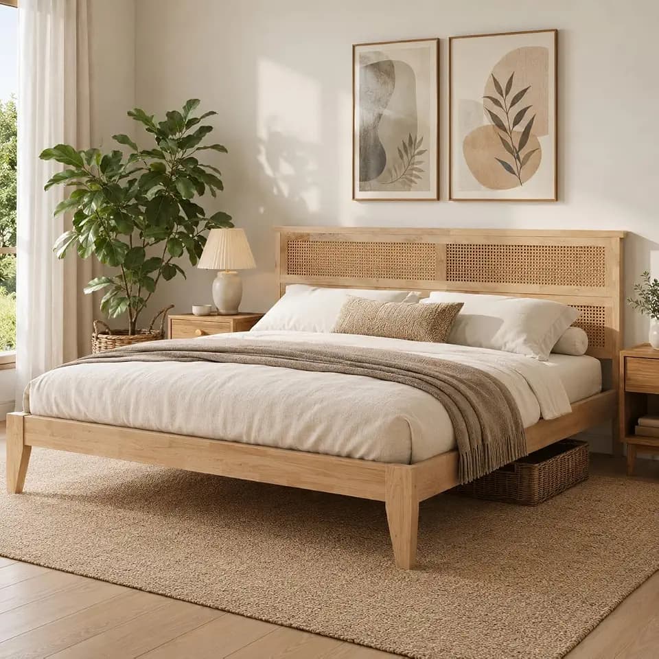 KEIKI King Size Solid Wood Bed Frame with Rattan Headboard, Storage Natural