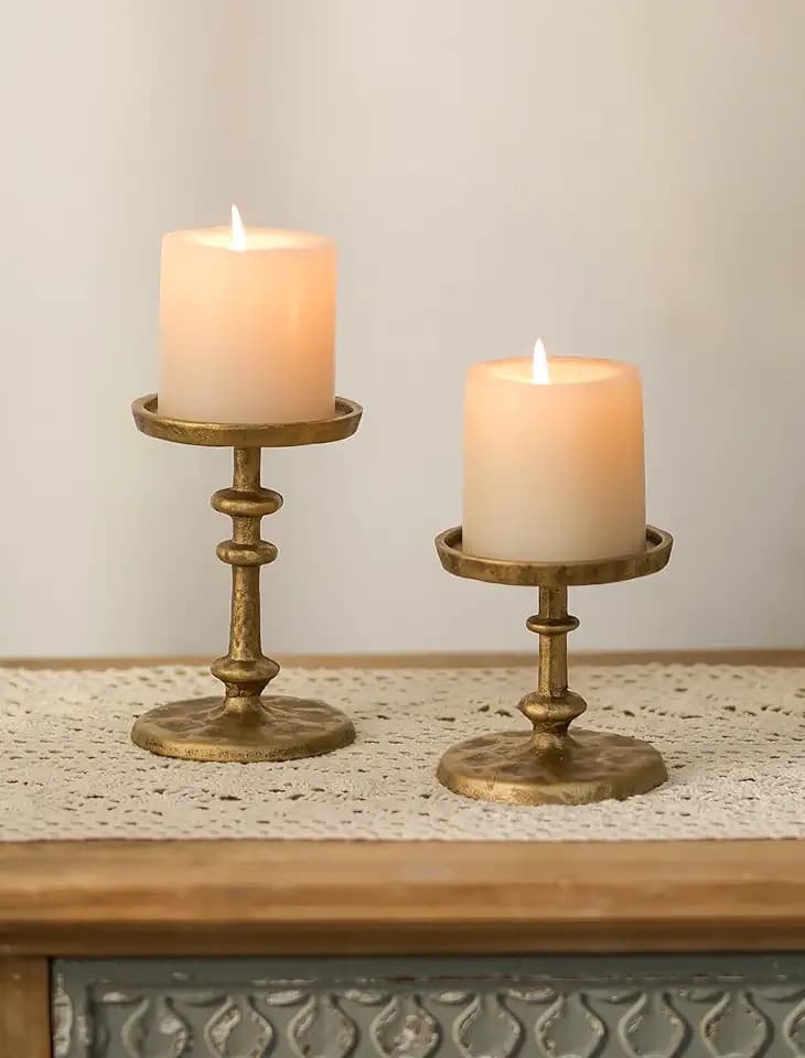 NUPTIO Gold Candle Holders for Pillar: Antique Brass Cast Iron Candle Stand