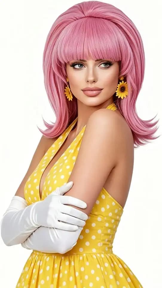 Rugelyss Vintage Short Wavy Pink Wig with Bang Retro Bouffant Beehive Wigs fits 60s 70s 80s Costume or Halloween Party