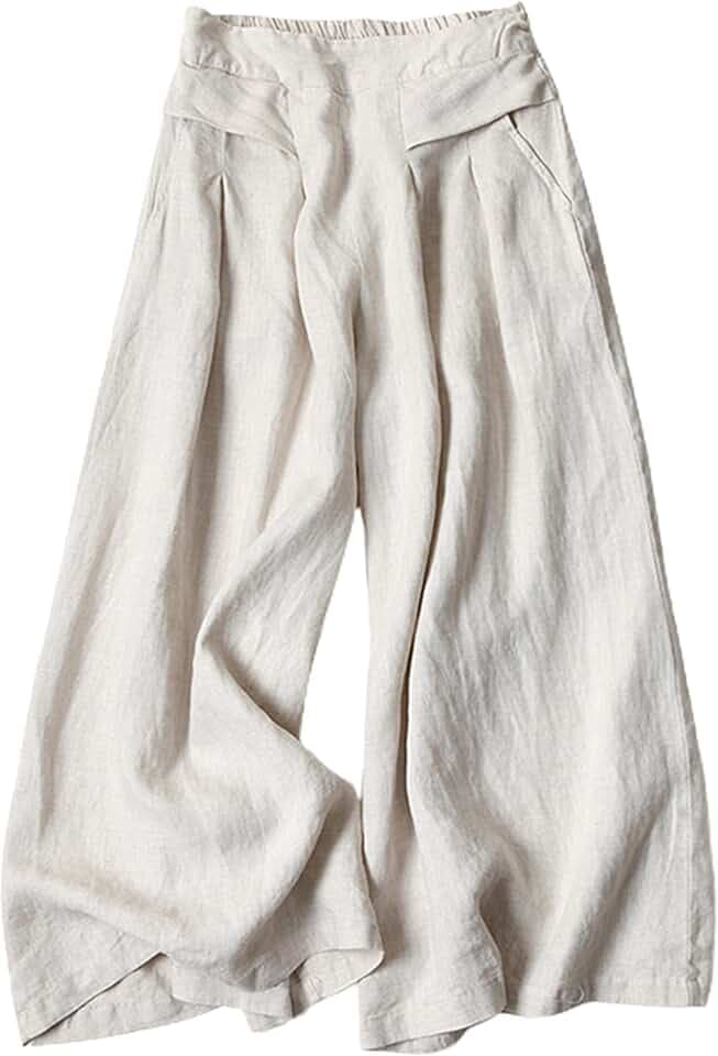 Hooever Women's Cotton Linen Culottes Pants Elastic Waist Wide Leg Palazzo Trousers Capri Pant