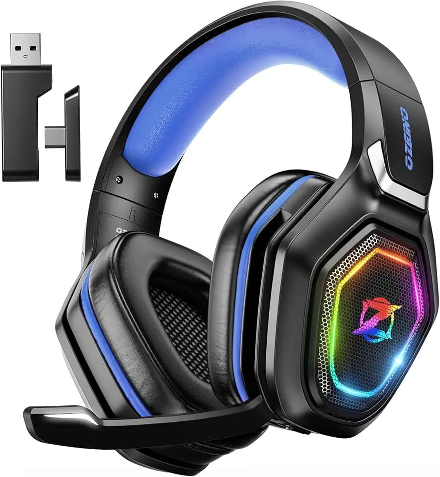 Ozeino Wireless Gaming Headset mit Mikrofon, 2.4G & Type C Transmitter - 40h Akkulaufzeit - RGB Beleuchtung Gaming Kopfhörer für PS5, PS4, PC, Telefon (Blau)