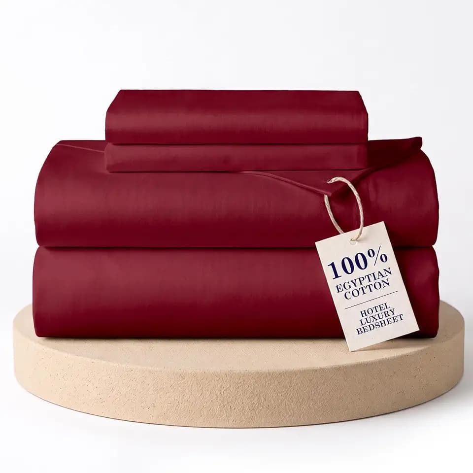 100% Egyptian Cotton Sateen Sheet Set | 1 Deep Pocket Fitted Sheet, 1 Oversized Flat Sheet & 2 Pillowcases | 4 Piece | Burgundy