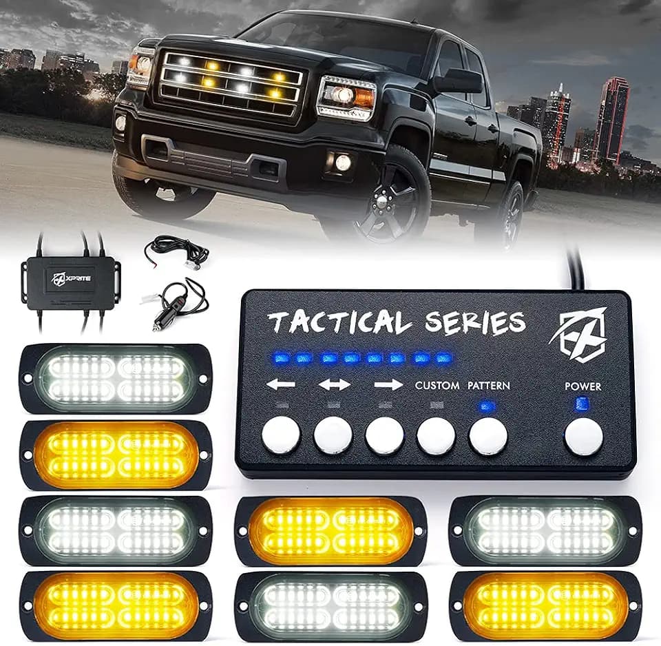 Xprite 24 LED White Amber Surface Mount Strobe Lights Kit with Control Panel, Grill Grille Side Marker Flashing Light Assemblies for Construction Towing Snow Plow Pickup Work Trucks Cars-8PCS