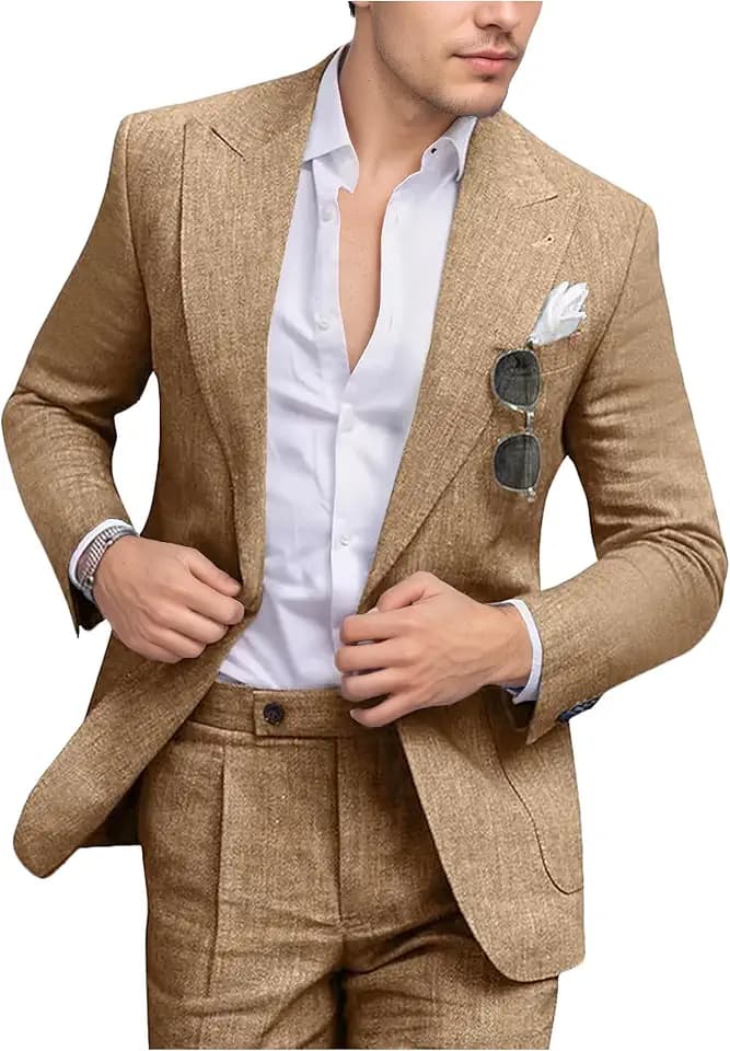 Men's Retro Suit 2 Piece Linen Summer Suits Casual Blazer Pants Set