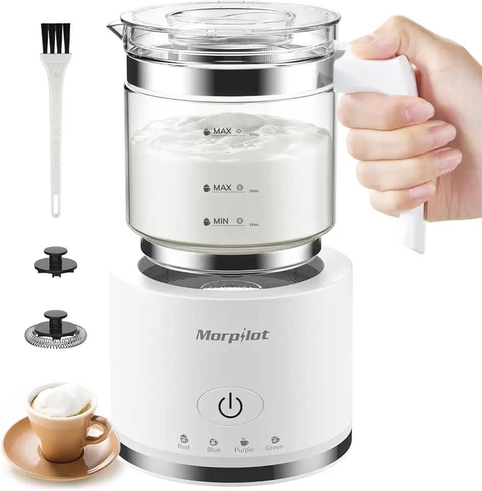 Morpilot Elektrischer Milchaufschäumer 4 in 1, 500 ml, 600 W, Milchaufschäumer aus Glas, warm und kalt, Milk Frother für Cappuccino Latte Macchiato