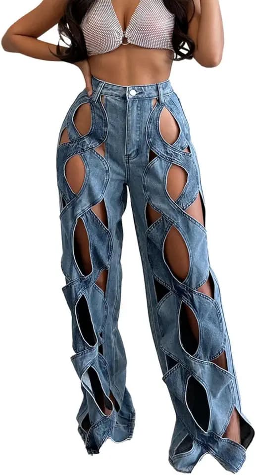 Women‘s Stretchy High Waist Loose Straight Leg Jeans – Casual Denim Pants with Hollow Out Twist Detail