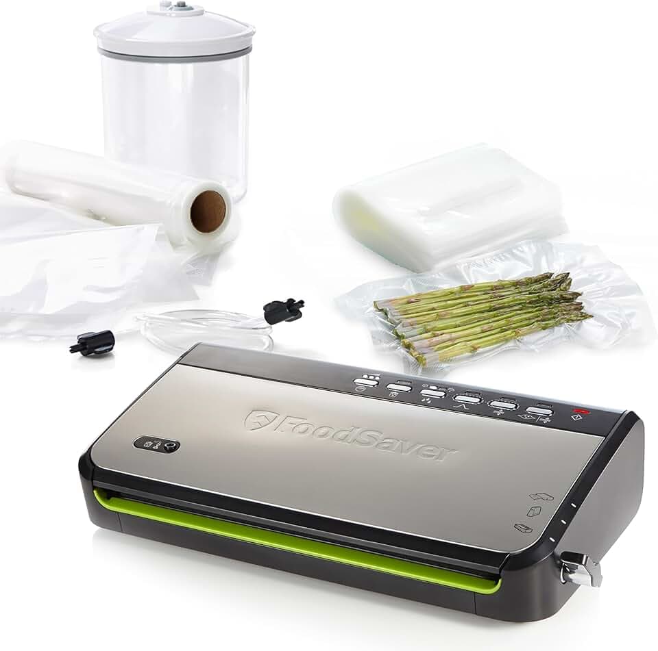 Foodsaver Vakuumiergerät für Lebensmittel mit integrierter Rollenaufbewahrung | Vakuumierer mit Schneidevorrichtung und „Delicate Food“-Modus | Enthält sortierte Vakuumbeutel [FFS005X]