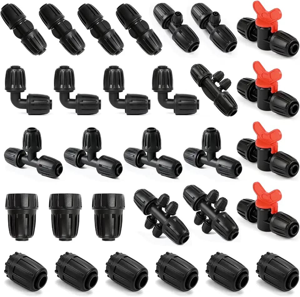 30 Pack 1/2 Inch Drip Irrigation Fittings Kit (1/2" ID x 0.6-0.65" OD), 1/2" Dripline Lock Nut Barbed Connectors - 4 Tees, 4 Couplings, 4 Elbows, 4 Valves, 6 Plugs, 3 Adapters, 5 Reducers
