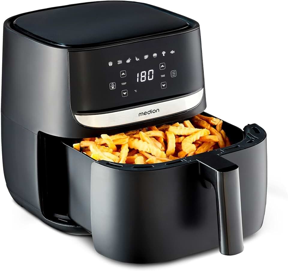 MEDION E50 XL Heißluftfritteuse (5,7 Liter, Airfryer, ca. 1700 Watt, Digitales Bedienfeld, 8 Automatikprogramme, ölfreies Frittieren, 30 Min Timer, Überhitzungsschutz, MD10532)