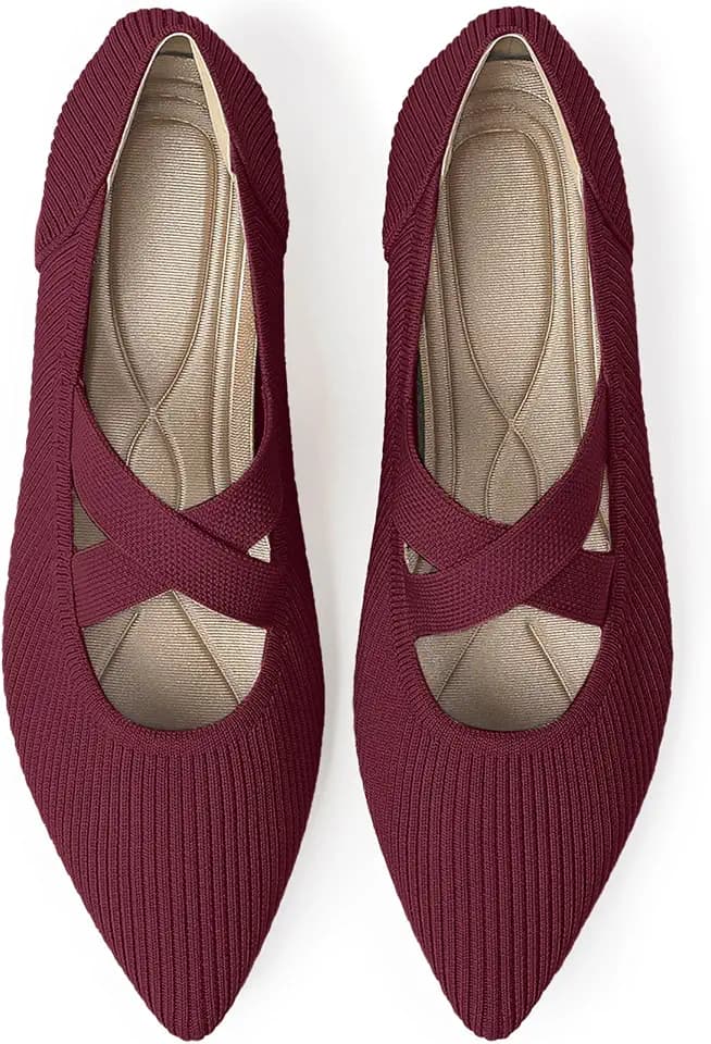 TINGRISE Womens Mary Jane Flats Knit Ballet Flats for Women Pointed Toe Dressy Comfortable Slip-On Flats Shoes for Work Casual