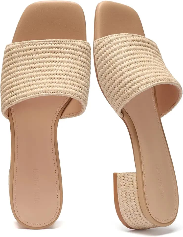 VICKI·VICKI Women’s Raffia Slide Sandals, Low Heel Square Toe Open Toe Slip On Sandals for Women, Memory Foam Insole, Summer Vacation Casual Sandals
