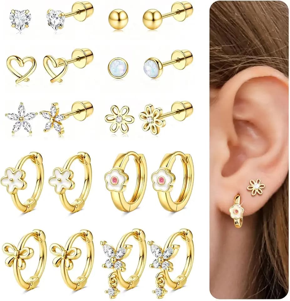 Morfetto 10 Paar Ohrringe Goldfarben Damen Hypoallergene Medizinische Ohrstecker 14K Vergoldet Kinder Für Mädchen Piercing Ohr Helix Piercings Creolen Set Süße Geschenk
