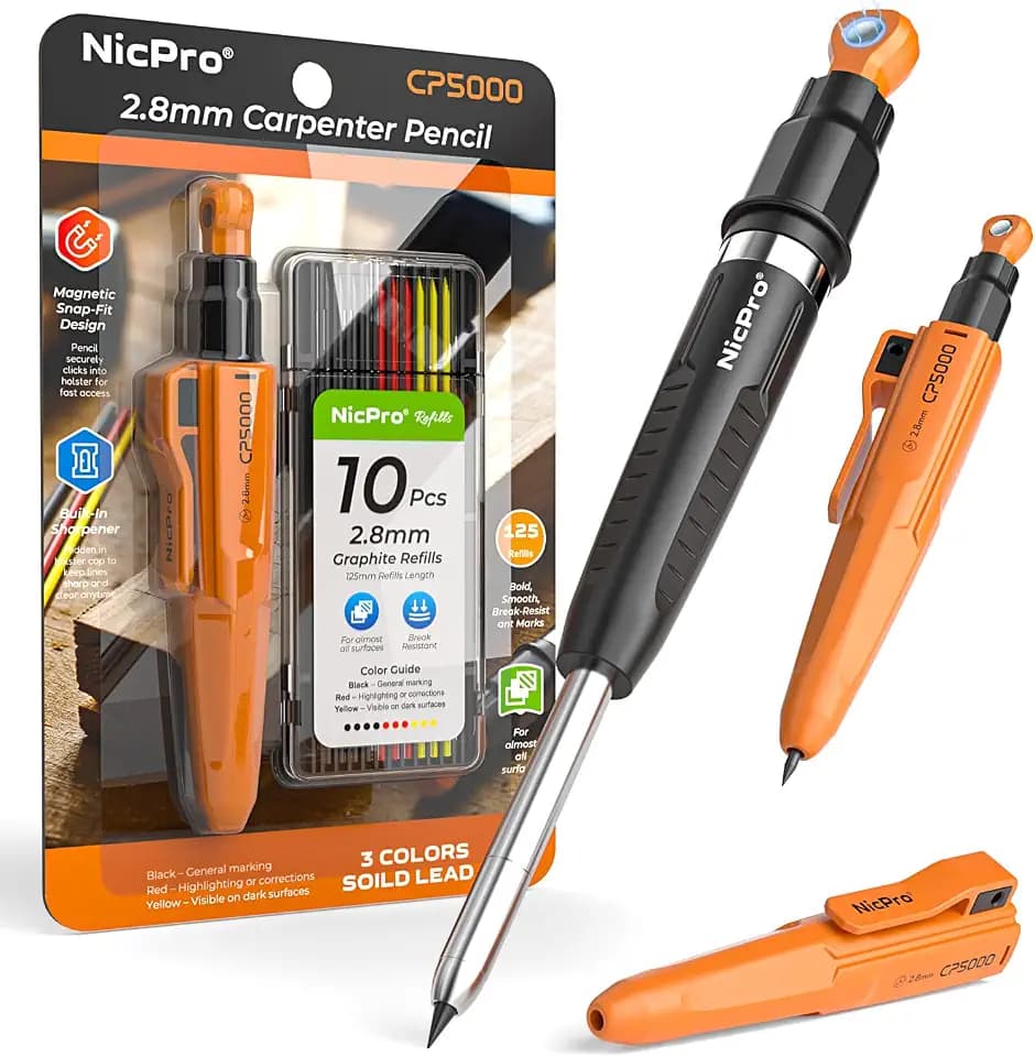 Nicpro 7-in-1 CP5000 Magnetic Carpenter Pencils with Sharpener,Yellow