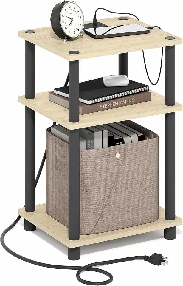 Furinno Just 3-Tier Charging Station Side Table, End Table, Natural Oak