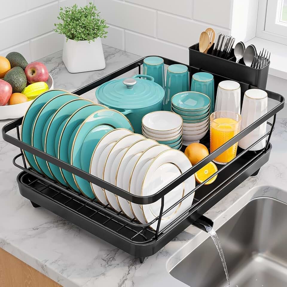 Sakugi Dish Drying Rack - Stainless Steel Dish Rack with Drainboard for Kitchen Counter and Sink, 15.6" D x 12" W x 5" H, Black