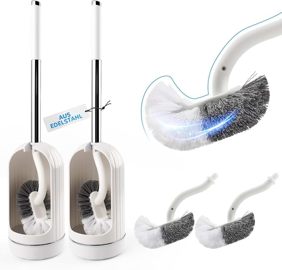 Topsky WC Bürsten Set 2er mit Halter, Randreiniger & 4 Bürstenköpfen, Weiß