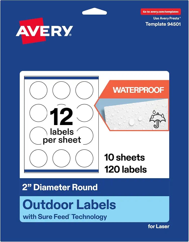 Avery® Outdoor Waterproof Round Labels, Sure Feed® Technology, 2" Diameter, White Film, Print-to-the-Edge, Compatible with Laser Printers, 120 Labels Total