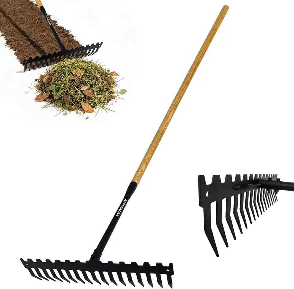 Garden Rake, 60" Wooden Handle with 17-Tine Metal Bow Rake, Secure Fit