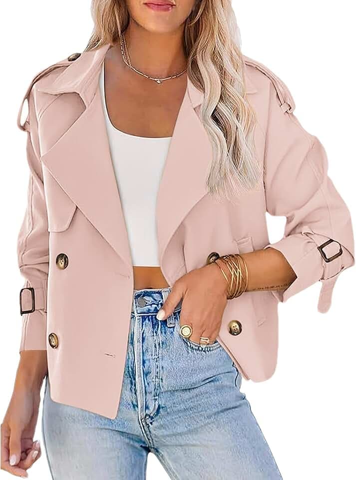 Momuk Damen Trenchcoat in Verkürzter Länge Lange Ärmel Lässig Lockerer Revers Doppelreihig Kurze Jacke Oberbekleidung mit Taschen (Rosa L)