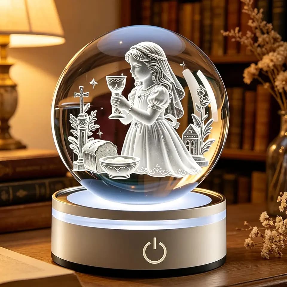 3D Engraved Crystal First Holy Communion Night Light Gift for Girls, Religious Keepsake for Catholic and Christian Faith Baptism Gifts for Girls Women Unique, Christmas Birthday Gifts Table Decor
