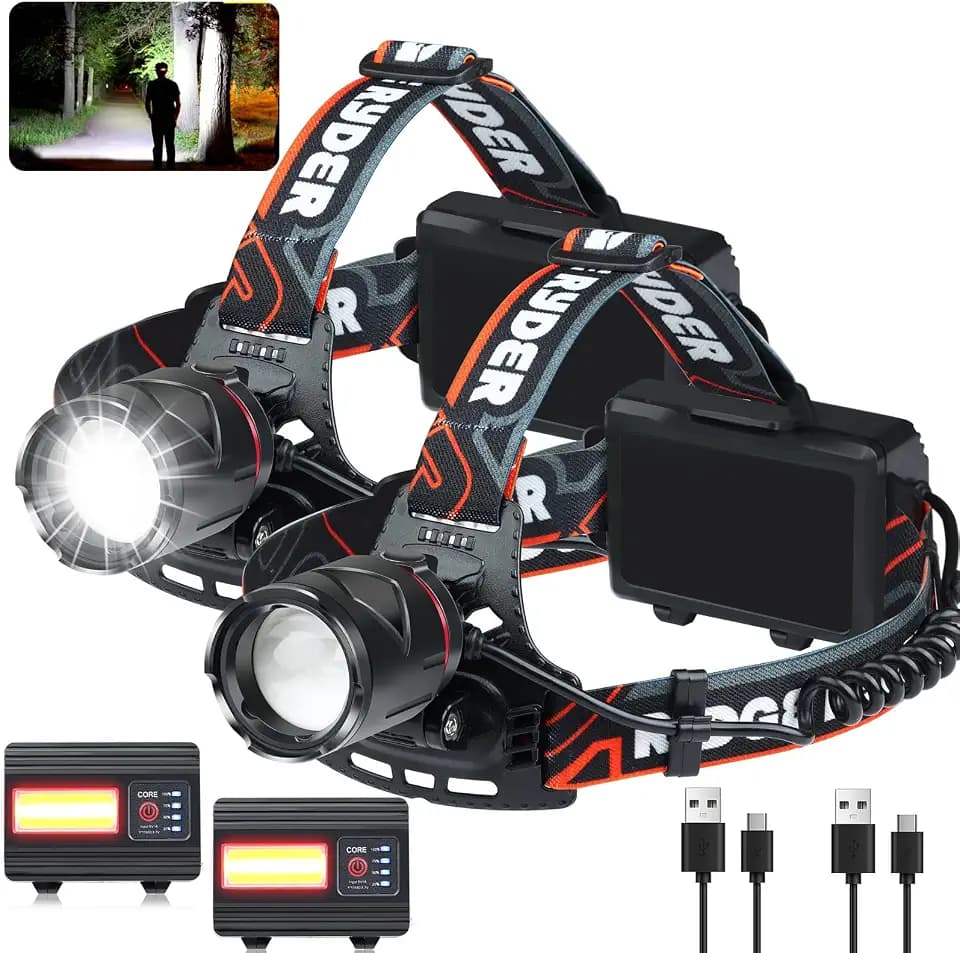 Foleto Rechargeable Headlamp 2 Set, LED Head Lamps Battery Powered, Super Bright High Lumen with 3+4 Modes Waterproof Zoomable Head lamp, 135° Adjustable for Outdoor Exploring Cycling, Fishing(2Pack)
