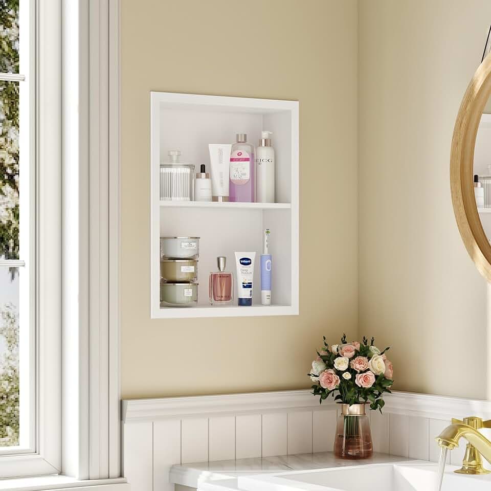 Qeke 14x 18 Medicine Cabinet Recessed with Double Shelves, Matte White