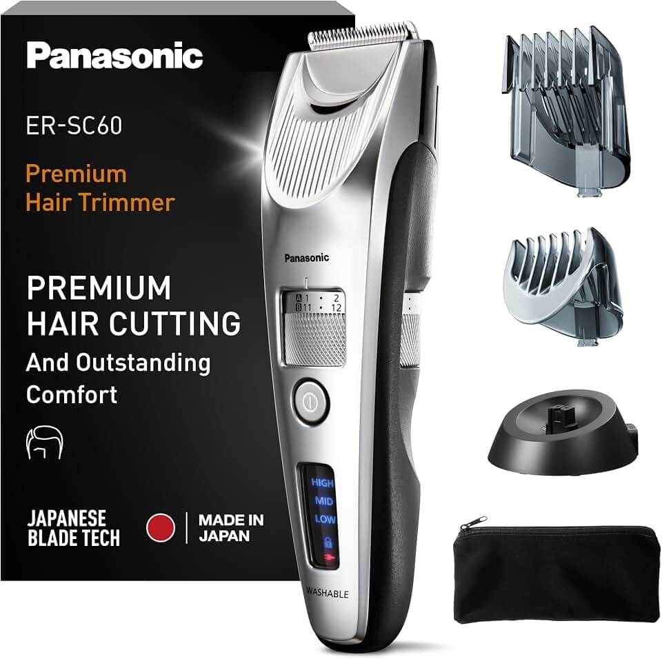 Panasonic ER-SC60-S803 Haarschneider für Männer, tragbarer, kabelloser, wasserdichter Trimmer, fortschrittliche Klingen, 39 Längen, 2 Aufsätze, kabellos & kabelgebunden, Ladestation, Silber