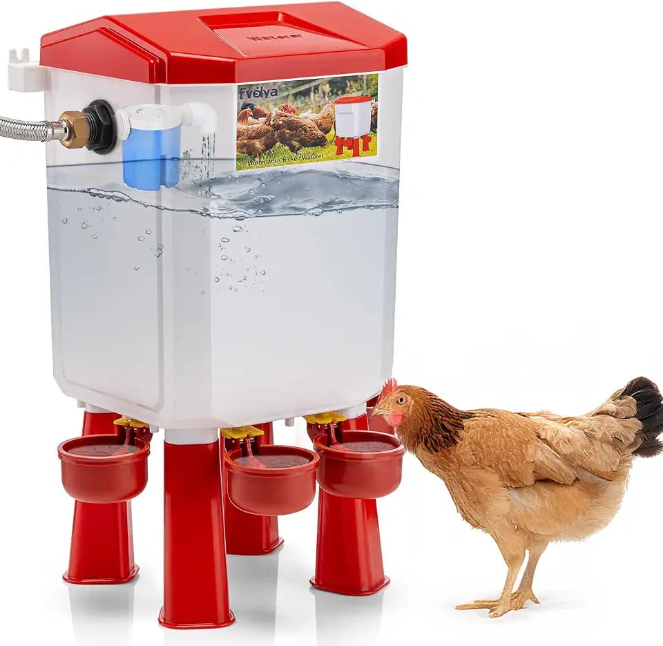 Automatic Chicken Waterer Filtered Float-Controlled Large Chicken Water Feeder Poultry Waterer Kit with Stainless Steel Metal Hose, White,Red